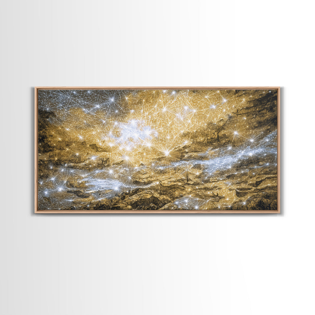 Golden Cosmic River Abstract Wall Art, Textured Modern Canvas Decor, Luxury Blue Gold Landscape For Living Room Statement Piece