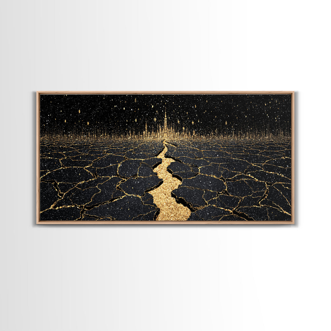 Black Gold Cracked Earth Pathway Canvas Print, Abstract Landscape Wall Decor, Dramatic Modern Art For Office Home Decor Gift