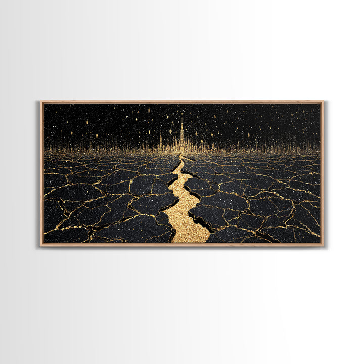 Black Gold Cracked Earth Pathway Canvas Print, Abstract Landscape Wall Decor, Dramatic Modern Art For Office Home Decor Gift