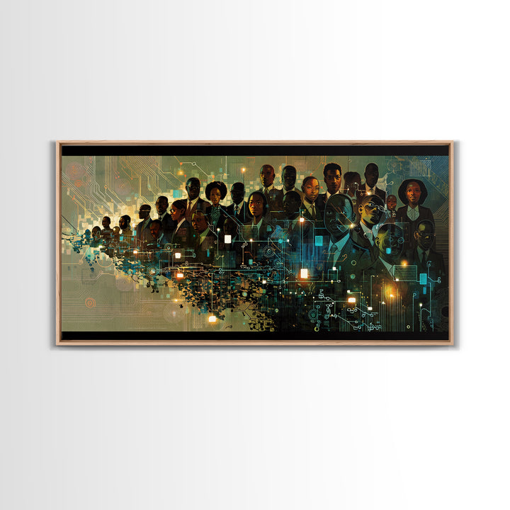 Afrofuturist Black Leaders In Digital City Wall Art, African American Tech Portrait, Futuristic Office Decor Print Canvas Gift
