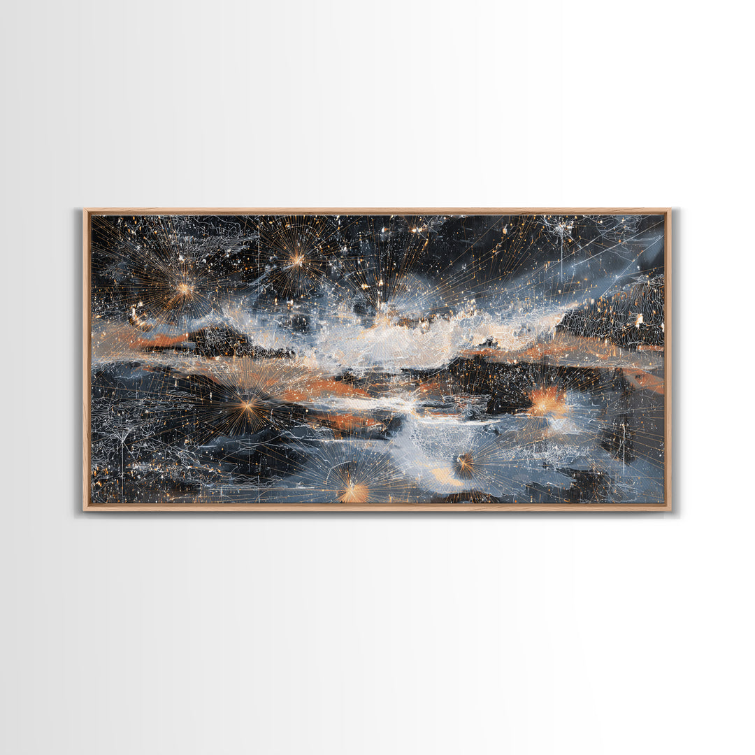 Starry Silver Mountain Sky Abstract Canvas Print, Dreamy Wall Art Decor, Modern Nature Landscape For Bedroom Office Gift