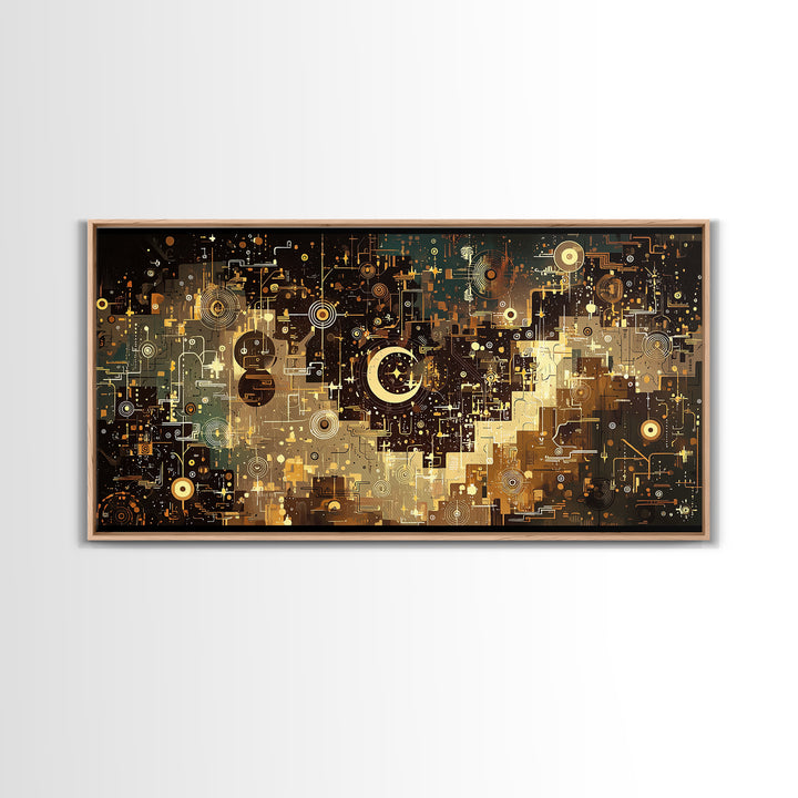 Gold Crescent Abstract Circuit City Wall Art, Black Gold Canvas Decor, Modern Islamic Inspired Geometric Home Decor Statement Piece