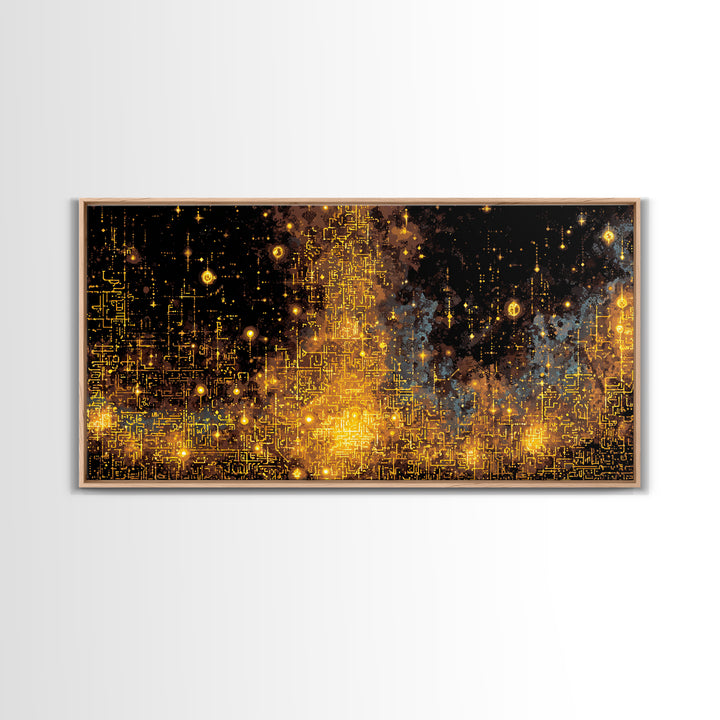 Golden Futuristic Skyline Canvas Print, Abstract City Lights Wall Decor, Luxury Black Gold Modern Home Decor Statement Piece