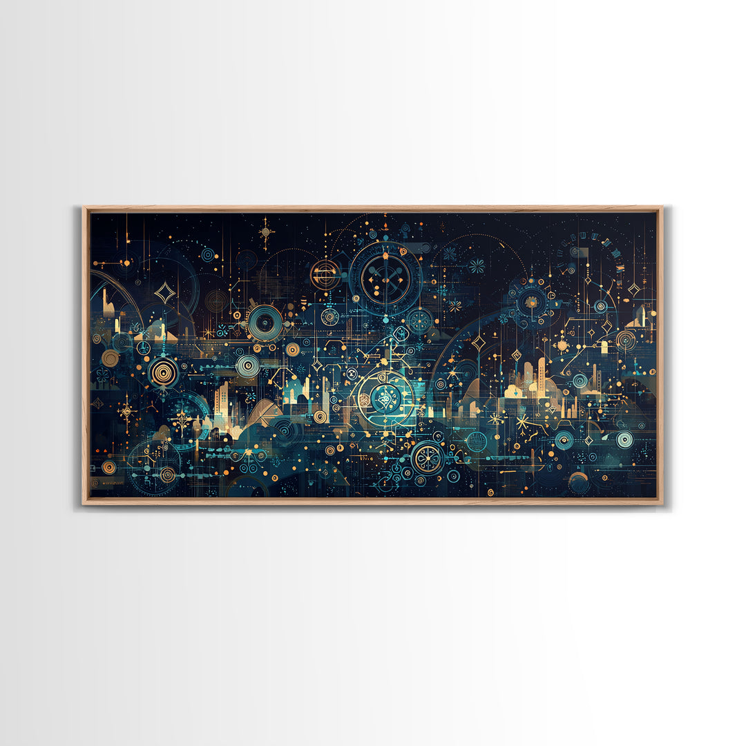 Teal Celestial Blueprint Wall Art, Abstract Science Diagram Canvas Decor, Modern Geometric Office Decor Unique Gift For Him