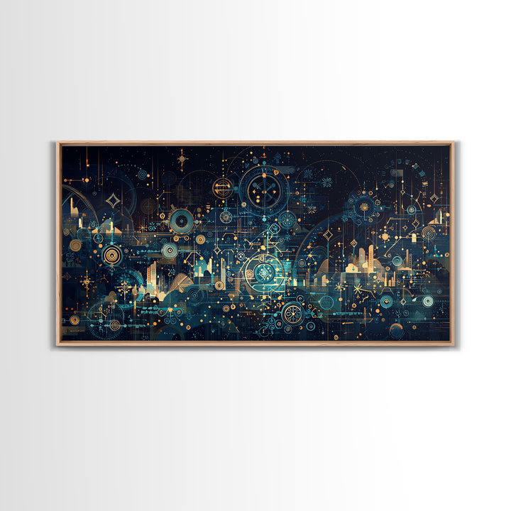 Teal Celestial Blueprint Wall Art, Abstract Science Diagram Canvas Decor, Modern Geometric Office Decor Unique Gift For Him