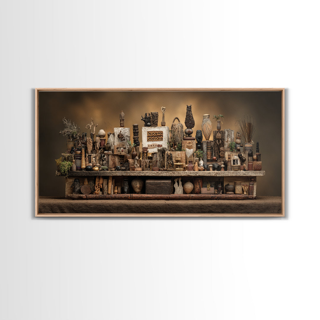 African Tribal Artifact Shelf Wall Art, Rustic Sculpture Still Life Canvas Decor, Ethnic Cultural Home Decor Statement Piece