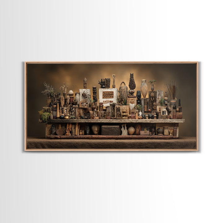African Tribal Artifact Shelf Wall Art, Rustic Sculpture Still Life Canvas Decor, Ethnic Cultural Home Decor Statement Piece