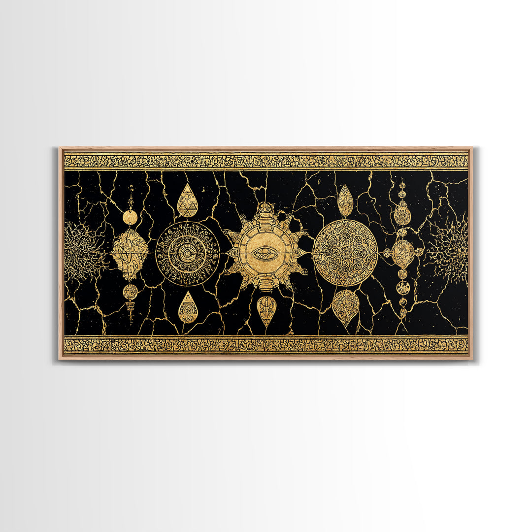 Black Gold Ornamental Mandala Canvas Print, Sacred Geometry Wall Decor, Luxury Boho Pattern Home Decor Statement Piece Gift For Her