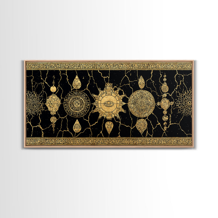 Black Gold Ornamental Mandala Canvas Print, Sacred Geometry Wall Decor, Luxury Boho Pattern Home Decor Statement Piece Gift For Her