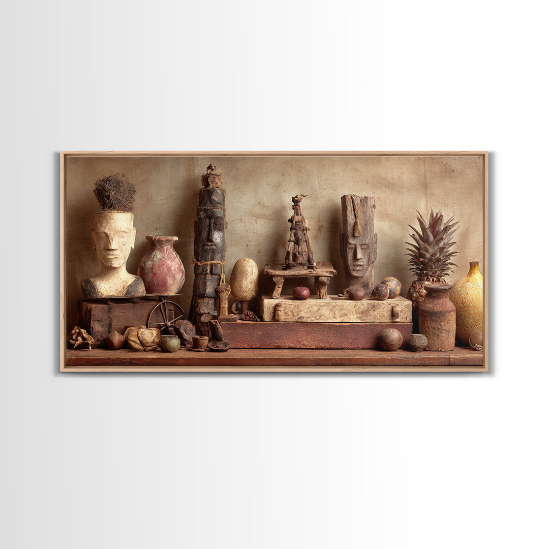 Ancient African Artifact Still Life Wall Art, Earth Tone Tribal Decor, Cultural Home Decor, Textured Boho Canvas Print Gift