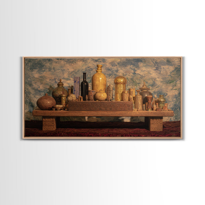 Ornate African Treasure Table Wall Art, Gold Vessel Still Life, Ethnic Home Decor, Luxury Canvas Print For Living Room