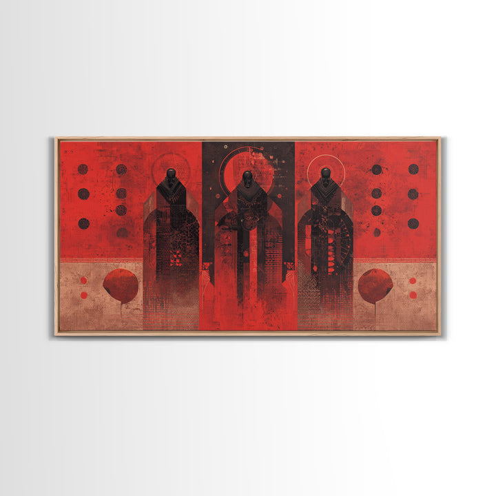 Three Ancestral Figures In Red Wall Art, Abstract African Tribal Art, Spiritual Black Culture Canvas Print, Bold Decor Gift