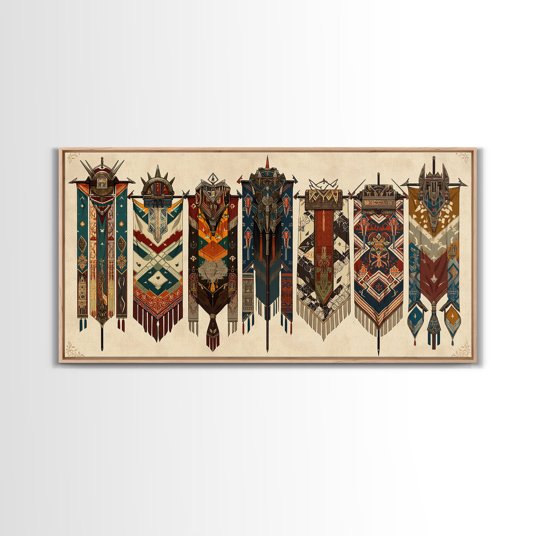 Seven Ornate African Tribal Banners Wall Art, Ankara Pattern Textile Art, Cultural Home Decor, Framed Canvas Print Gift For Her