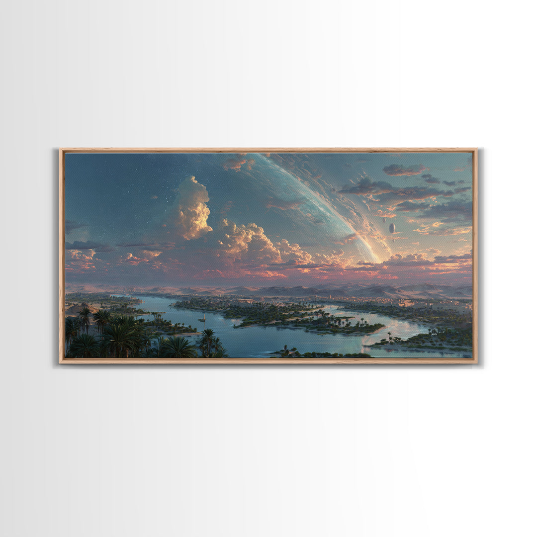 Epic African River Valley At Sunrise Wall Art, Afrofuturism Landscape, Dreamy Nature Scene Canvas Print, Large Decor Gift