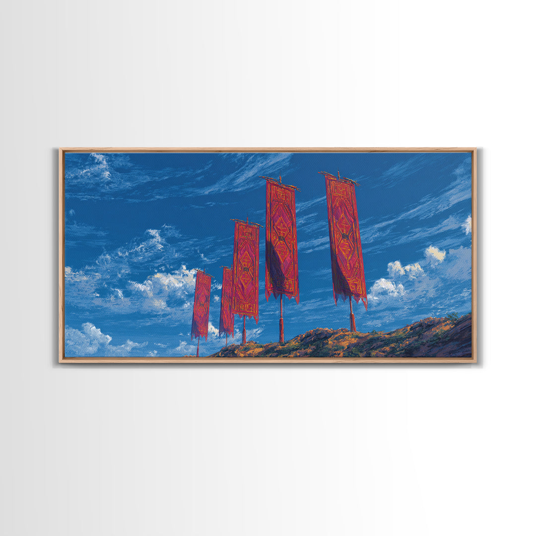 Red African Textile Banners On Blue Sky Wall Art, Cultural Landscape, Vibrant Ankara Decor, Framed Canvas Print Gift For Home