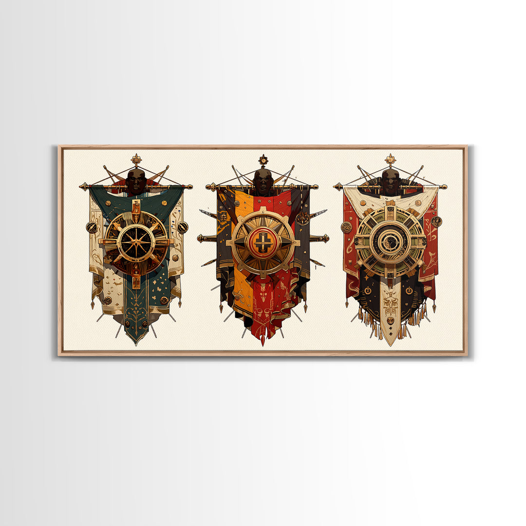 Three Ornate African Shield Banners Wall Art, Tribal Mask Canvas Print, Geometric Cultural Decor, Statement Wall Piece Gift