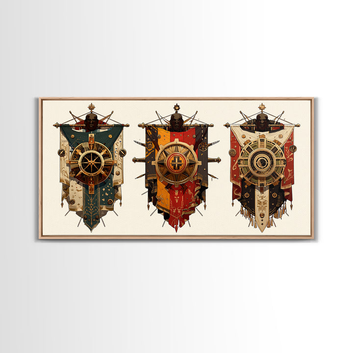 Three Ornate African Shield Banners Wall Art, Tribal Mask Canvas Print, Geometric Cultural Decor, Statement Wall Piece Gift