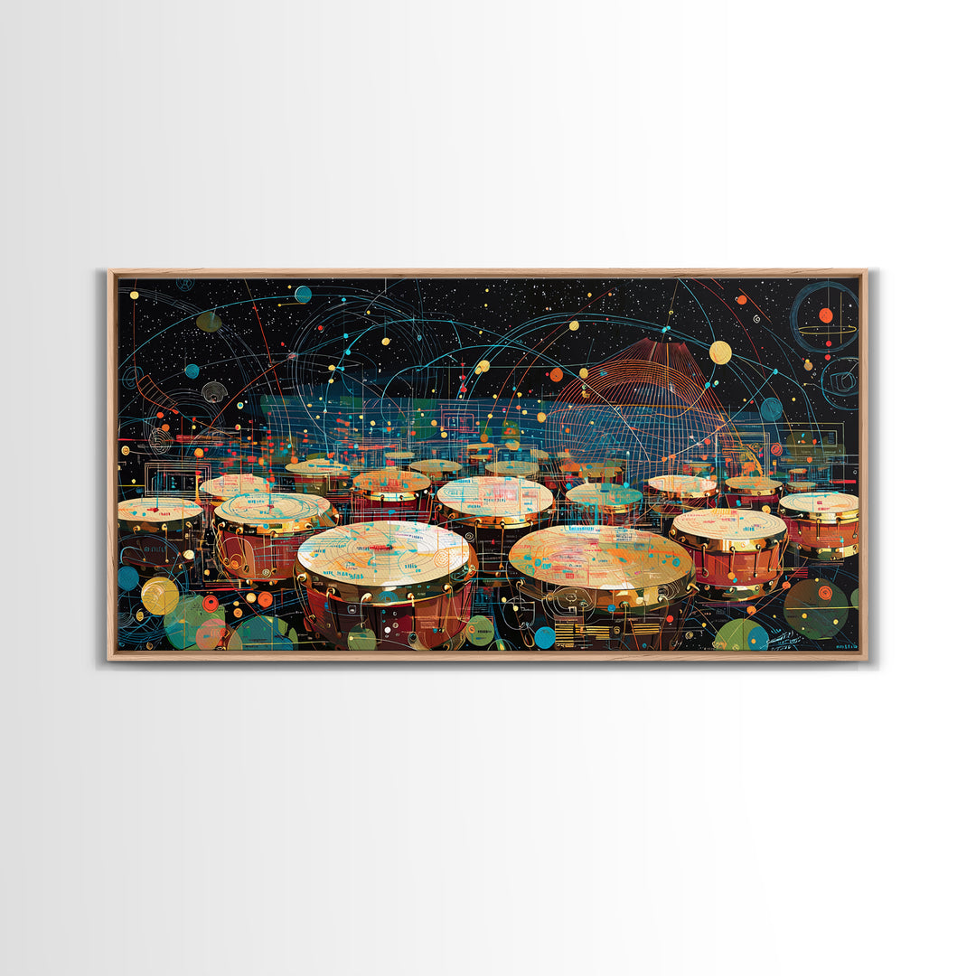 Futuristic Afro Drums Under Cosmic Orbits Canvas Print, Modern African Art, Music Room Decor, Afrofuturism Decor, Bold Art