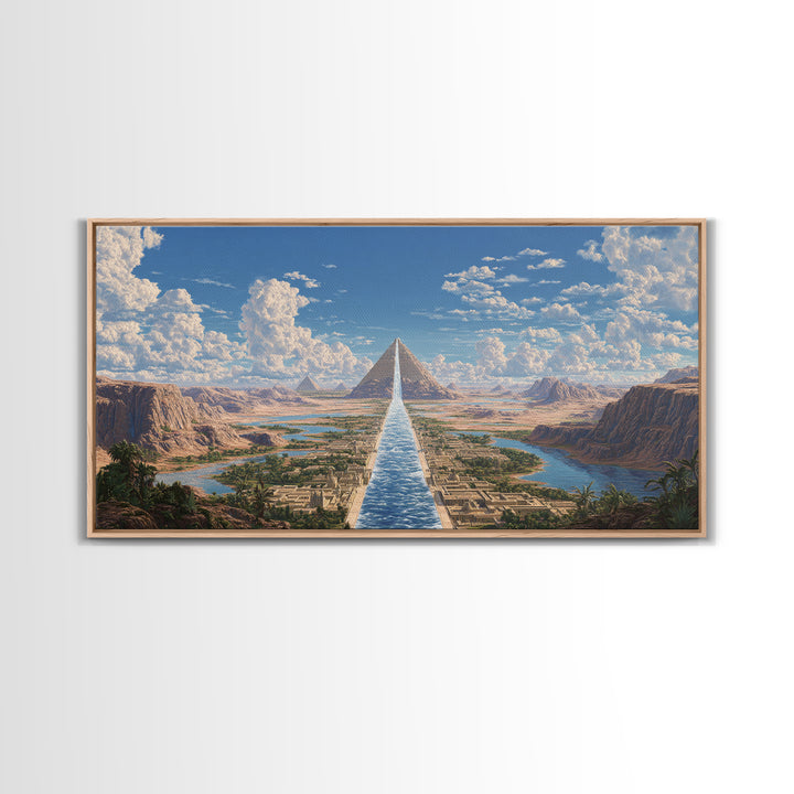 Sunlit Pyramids And River Oasis Canvas Print, African Egyptian Art, Landscape Wall Art, Travel Poster, Elegant Home Decor