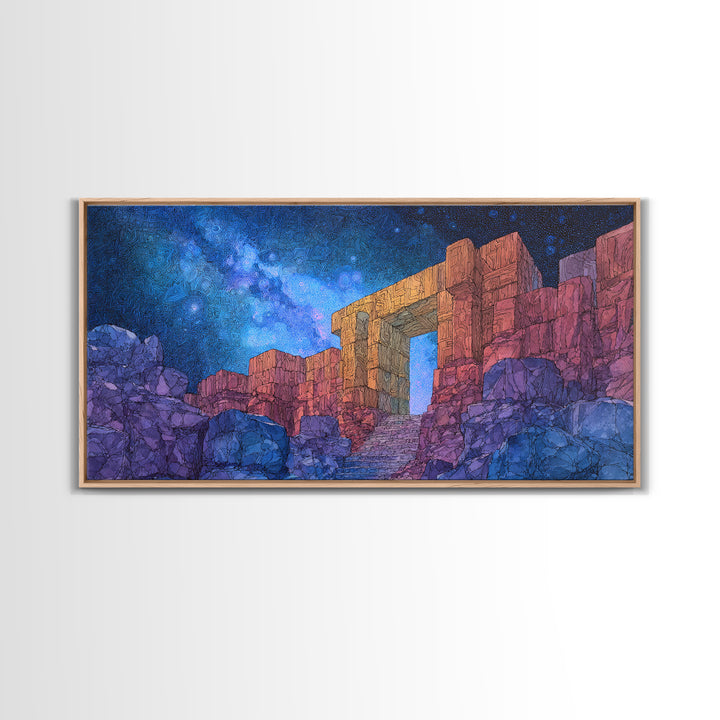 Ancient Desert Ruins Under Starry Blue Sky Wall Art, Mystical Temple Landscape, Boho Home Decor, Fantasy Travel Poster Print