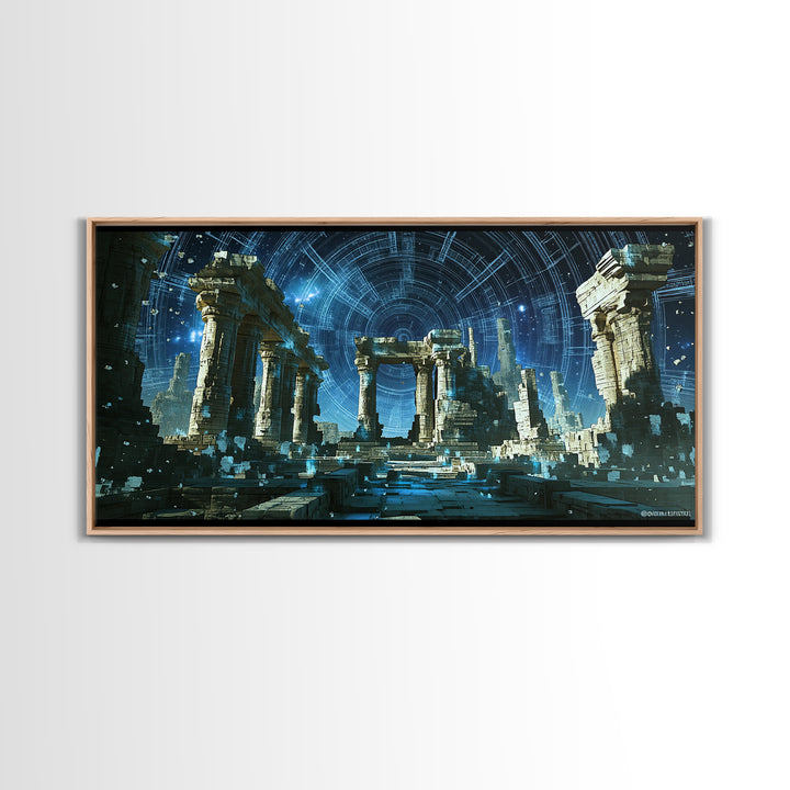 Glowing Futuristic Temple Columns In Blue Starlight Canvas Print, Sci Fi Ruins Wall Art, Modern Fantasy Home Decor, Celestial Poster