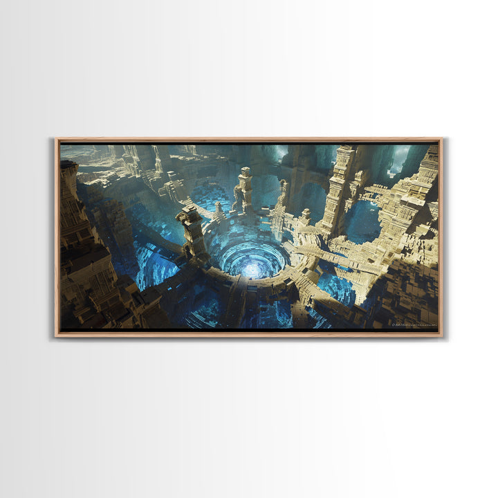 Vast Circular Ancient City With Blue Abyss Framed Canvas Print, Futuristic Ruins Wall Art, Luxury Fantasy Home Decor, Sci Fi Architecture