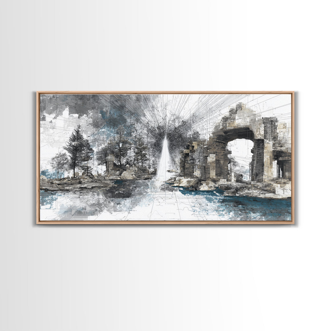 White Fountain Light Beside Ruined Stone Arch Wall Art, Minimalist Landscape, Black And White Office Decor Canvas Print Poster
