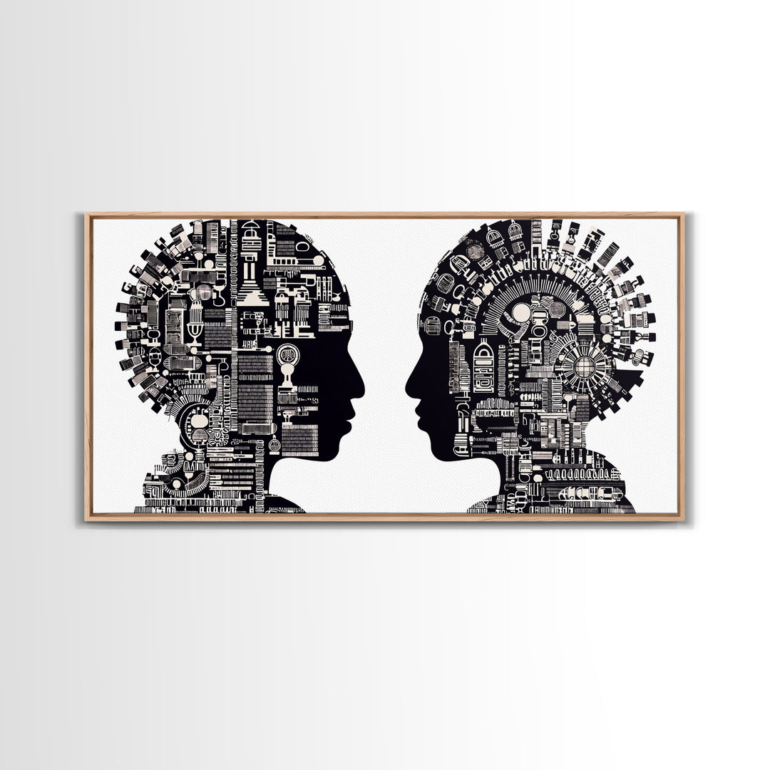 Black And White Profile Faces With Mechanical City Patterns Wall Art, Geometric Portrait Canvas Print, Modern Office Decor