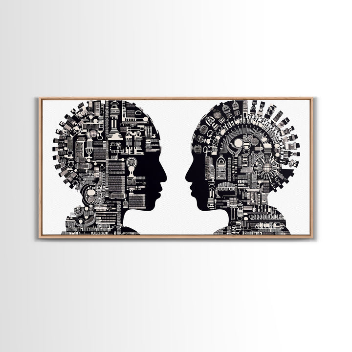 Black And White Profile Faces With Mechanical City Patterns Wall Art, Geometric Portrait Canvas Print, Modern Office Decor