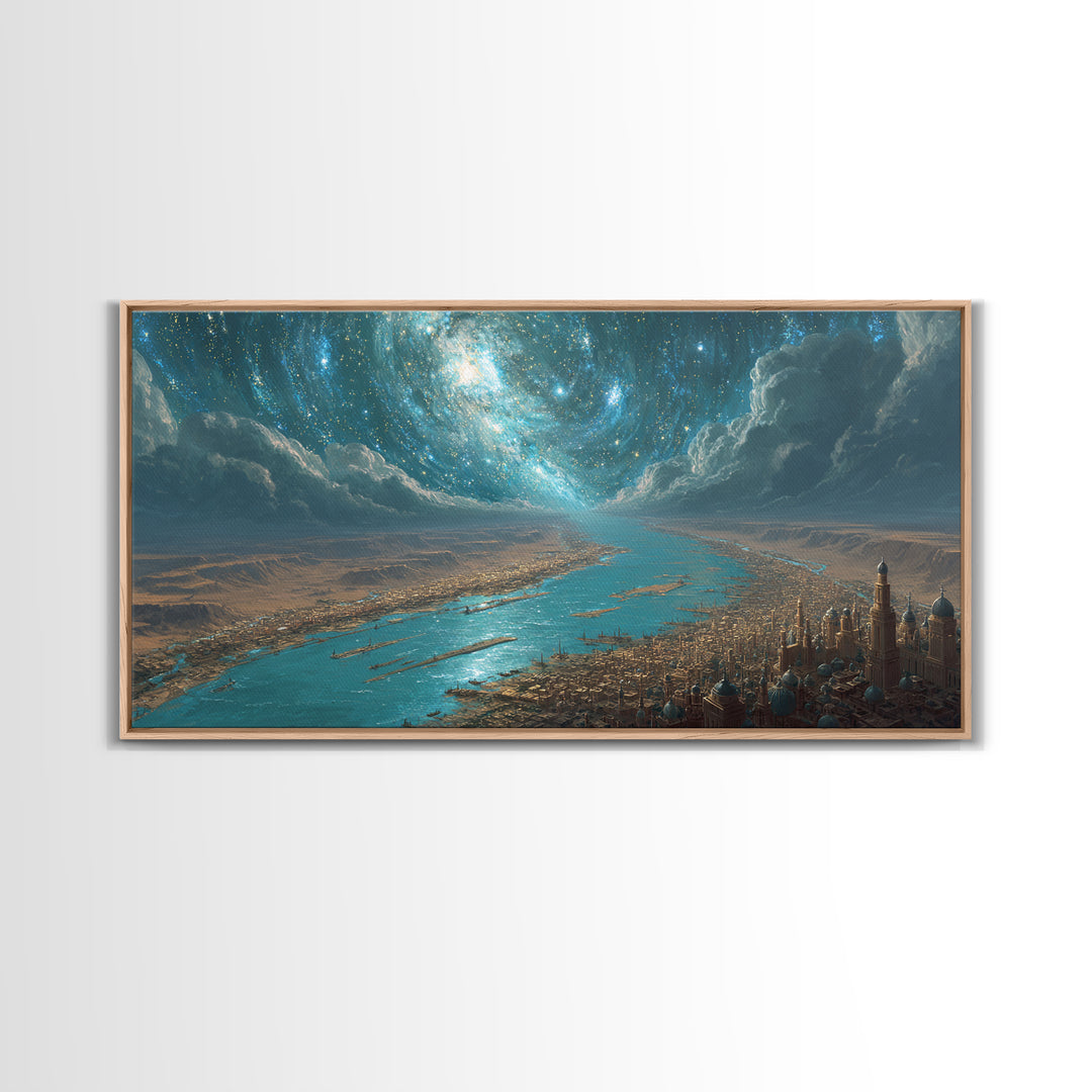 Cosmic Nile River City Under Swirling Galaxy Wall Art, Egyptian Inspired Landscape Canvas Print, Luxury Home Decor Poster