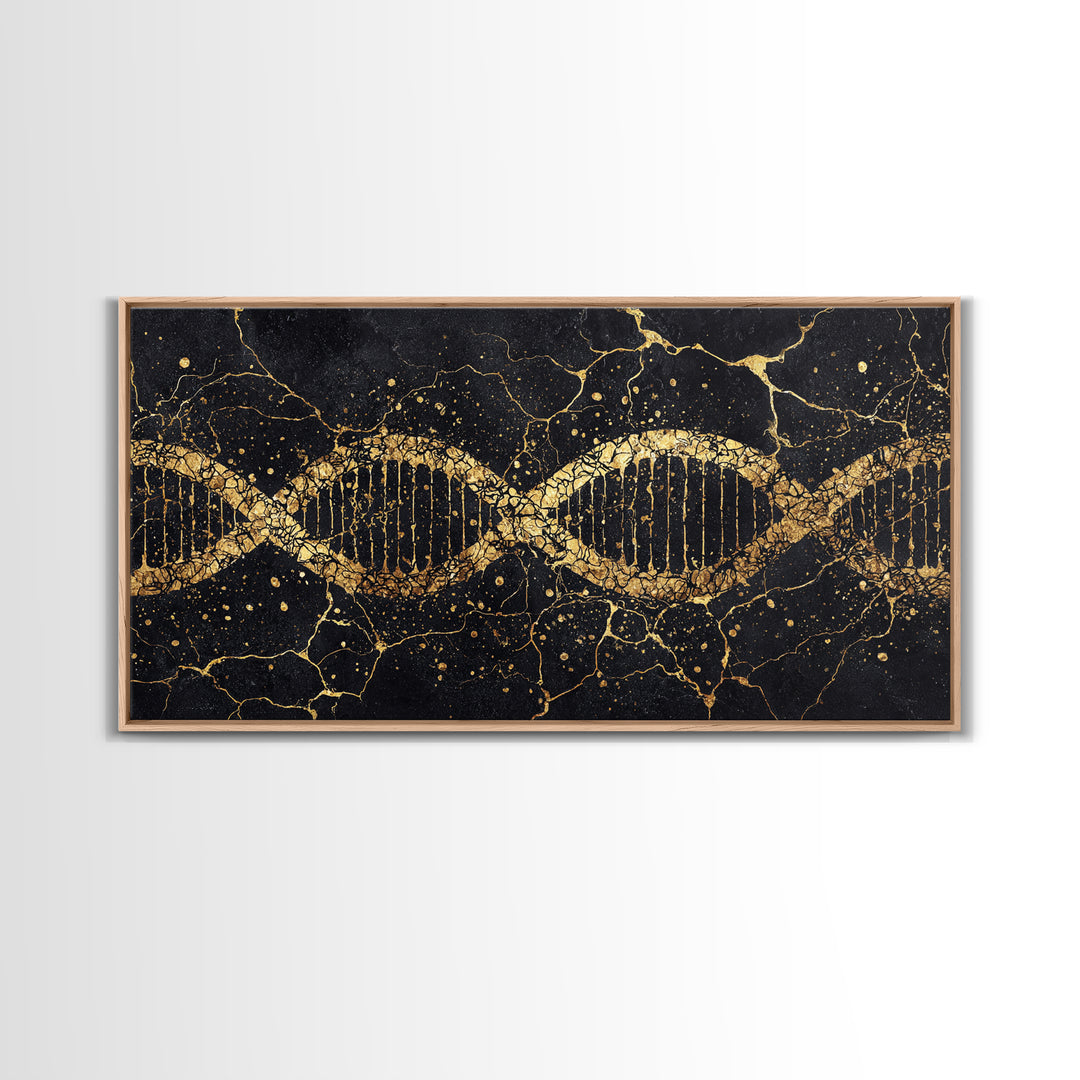 Gold DNA Helix On Black Marble Canvas Print, Science Inspired Abstract Wall Art, Modern Biology Decor, Luxury Office Artwork