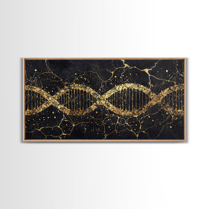 Gold DNA Helix On Black Marble Canvas Print, Science Inspired Abstract Wall Art, Modern Biology Decor, Luxury Office Artwork