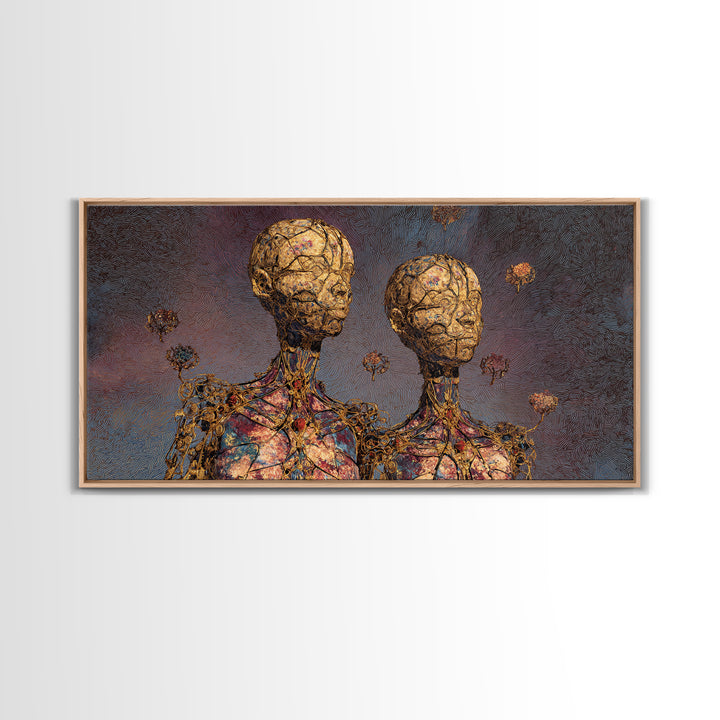 Golden Twin Figures With Floral Orbs Framed Canvas Print, Afrofuturism Decor, Abstract Portrait Wall Art, Luxury Home Decor