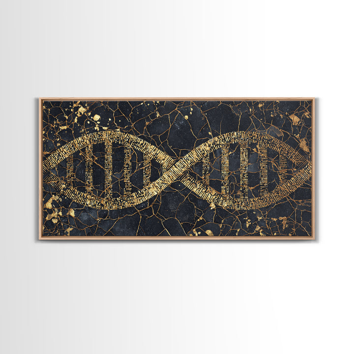 Ancient Gold DNA Strand Canvas Print, Black Marble Science Wall Art, Abstract Biology Decor, Luxury Modern Office Artwork