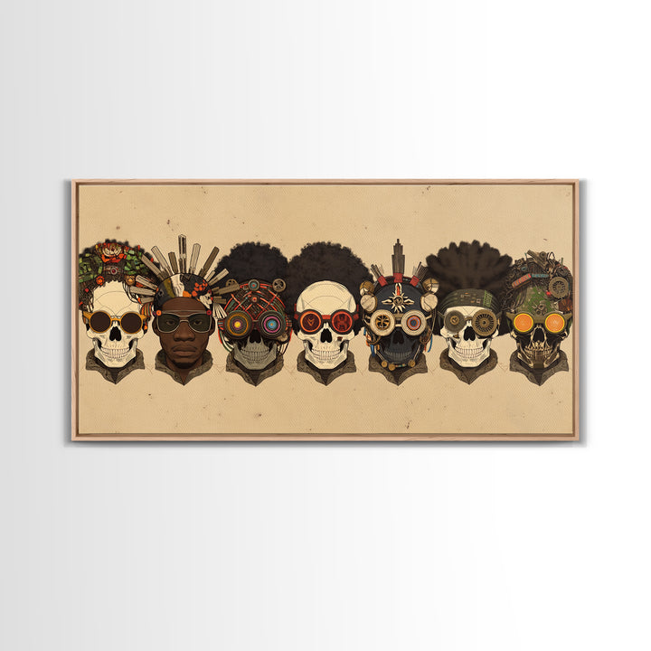 African Skull Lineup With Tribal Headdresses Wall Art, Afrocentric Decor, Cultural Artwork, Bold Canvas Print For Eclectic Home Decor