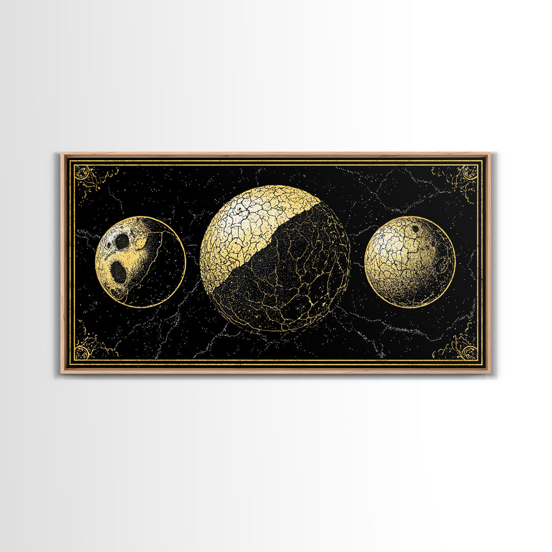 Gold Moon Phase Triptych Wall Art, Black Celestial Canvas Print, Lunar Astronomy Decor, Mystical Black And Gold Home Decor Gift