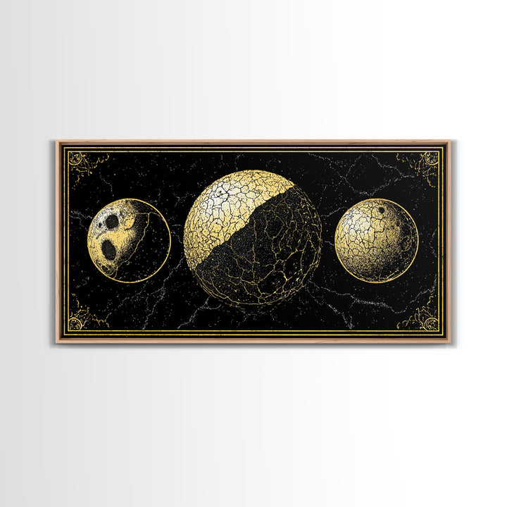 Gold Moon Phase Triptych Wall Art, Black Celestial Canvas Print, Lunar Astronomy Decor, Mystical Black And Gold Home Decor Gift