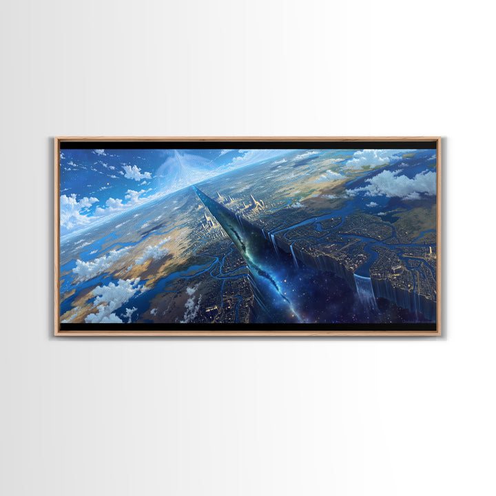 Futuristic Sky Spire Over Earth City Wall Art, Blue Sci Fi Landscape, Modern Canvas Art, Office Decor, Statement Wall Decor