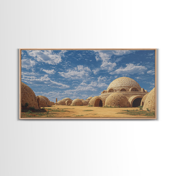 Sunlit Desert Dome Village Canvas Print, Earth Tone Wall Art, African Inspired Architecture, Boho Home Decor, Unique Wall Decor