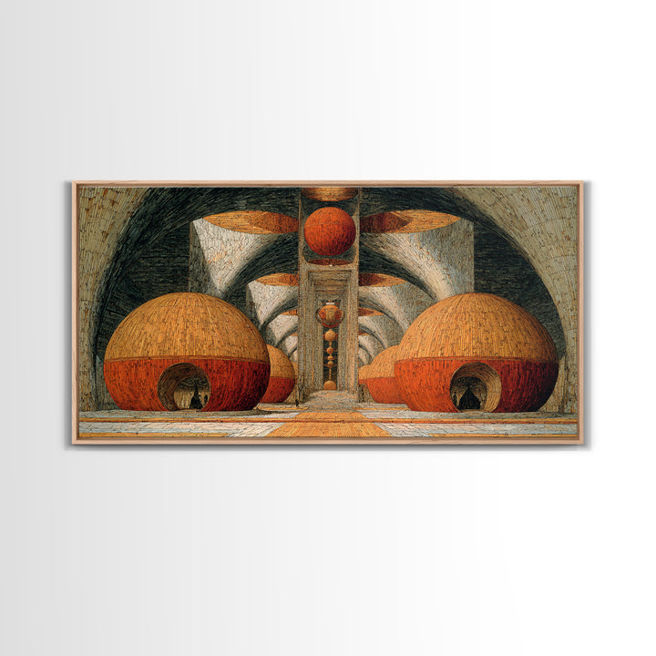 Abstract Orange Domes In Arched Hall Framed Canvas Print, Modern African Art Abstract, Geometric Wall Art, Bold Home Decor