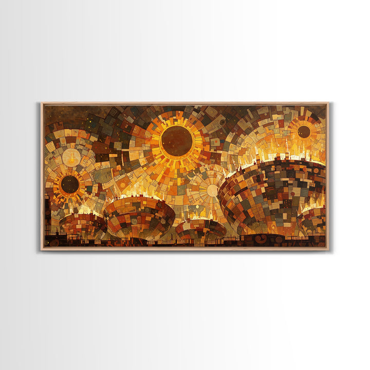 Radiant Golden Suns Over Dome City Wall Art, Abstract African Art Print, Burnt Orange Art, Modern Canvas Art, Bold Wall Decor