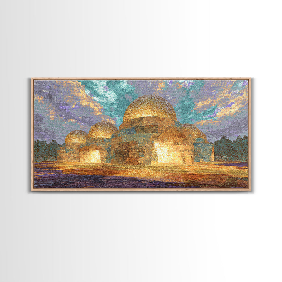 Glowing Golden Dome Palace Canvas Print, Dreamy Wall Art, African Inspired Architecture, Teal And Gold Decor, Elegant Home Art