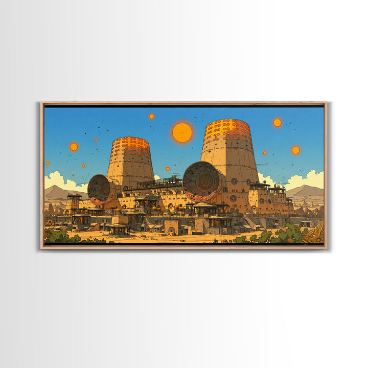Desert Towers And Orange Suns Wall Art, Sci Fi African Inspired Settlement, Canvas Print, Modern Wall Decor, Unique Home Decor