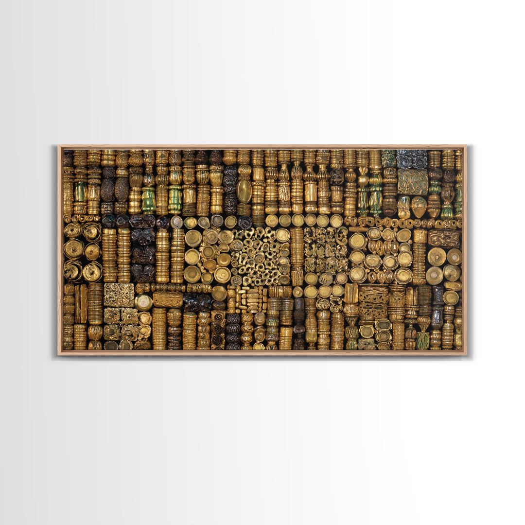 Gold African Bead Mosaic Wall Art, Afrocentric Decor Canvas Print, Tribal Jewelry Pattern, Black Gold Luxury Home Decor Gift