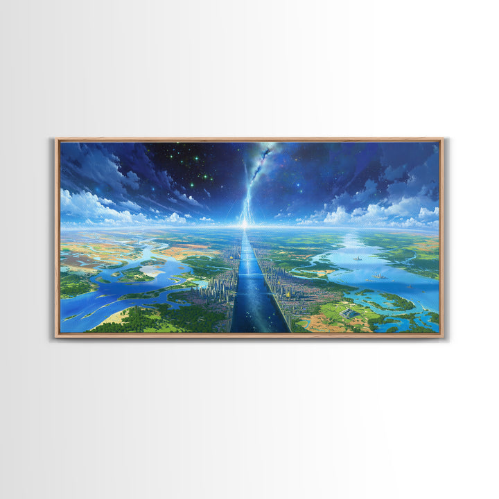 Blue Futuristic Cityscape Wall Art, Dreamy Landscape Canvas Print, Modern Canvas Art, Sci Fi Skyline Living Room Decor Gift