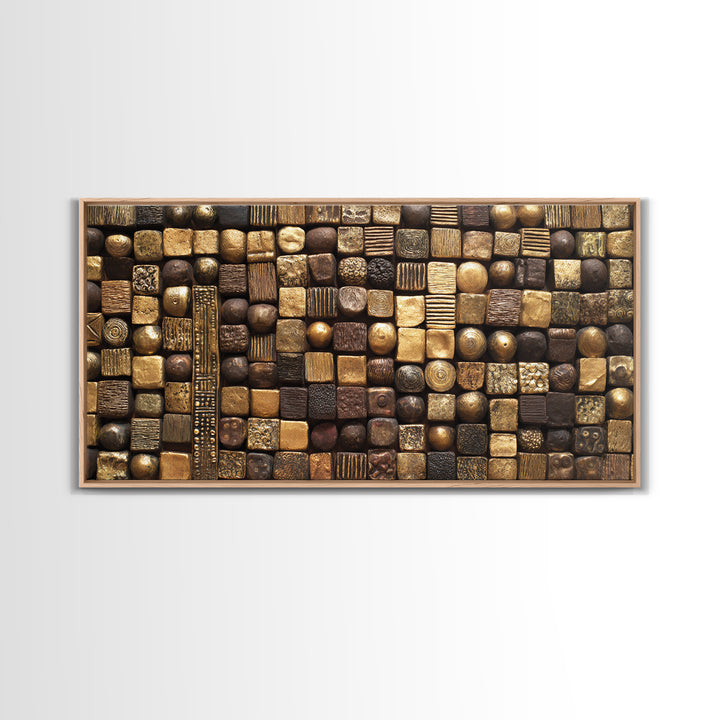 Bronze Gold Textured Mosaic Wall Art, Abstract African Art Canvas Print, Earth Tone Geometric Pattern, Bold Home Decor Gift