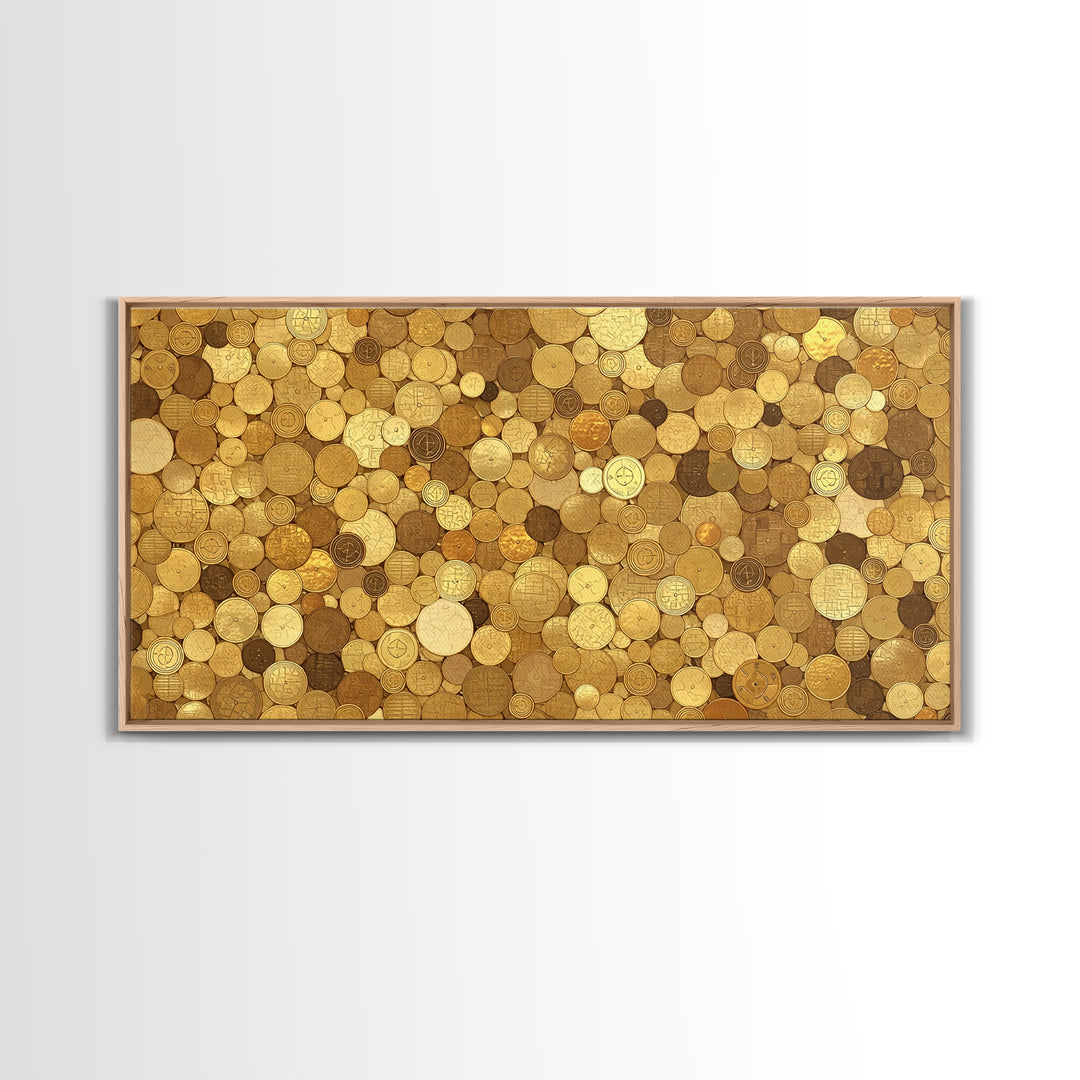 Golden Coin Disc Mosaic Wall Art, African Inspired Canvas Print, Textured Art Print, Gold Circle Pattern Home Decor Gift