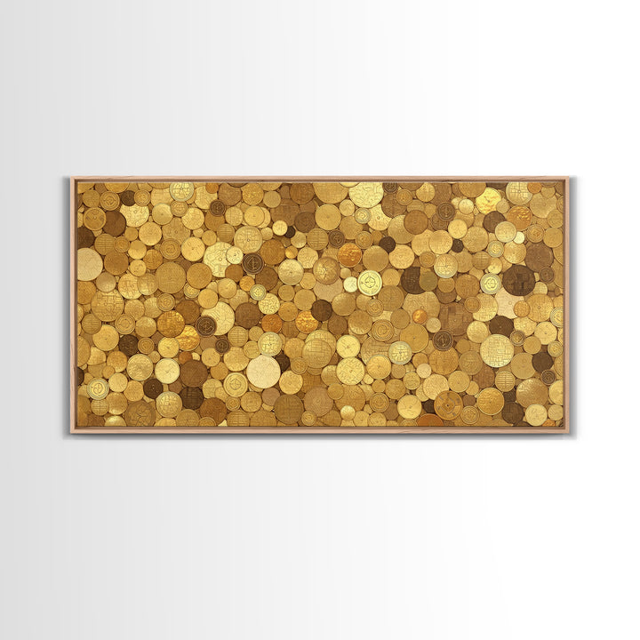 Golden Coin Disc Mosaic Wall Art, African Inspired Canvas Print, Textured Art Print, Gold Circle Pattern Home Decor Gift
