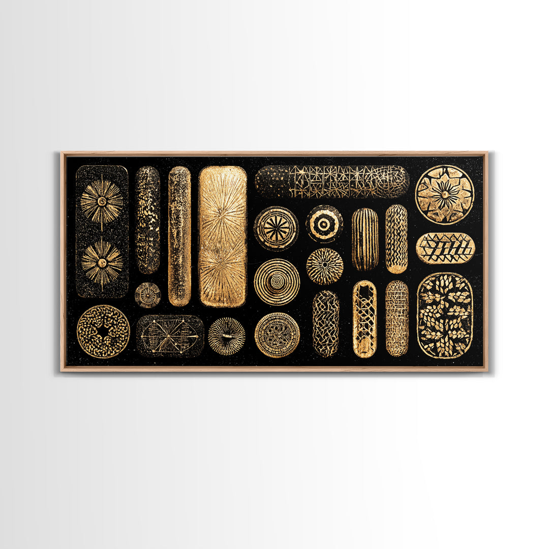 Black Gold Tribal Pattern Wall Art, African Abstract Canvas Print, Geometric Symbols, Luxury Statement Boho Home Decor Gift