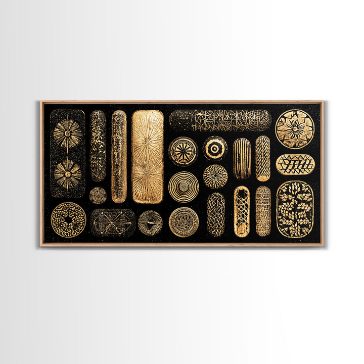 Black Gold Tribal Pattern Wall Art, African Abstract Canvas Print, Geometric Symbols, Luxury Statement Boho Home Decor Gift